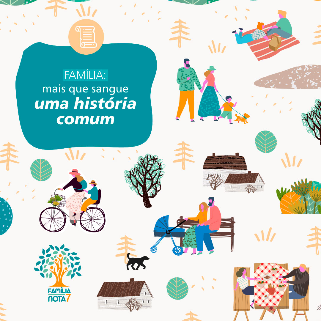 Ilustração de famílias fazendo coisas corriqueiras, importantes para a história da família.